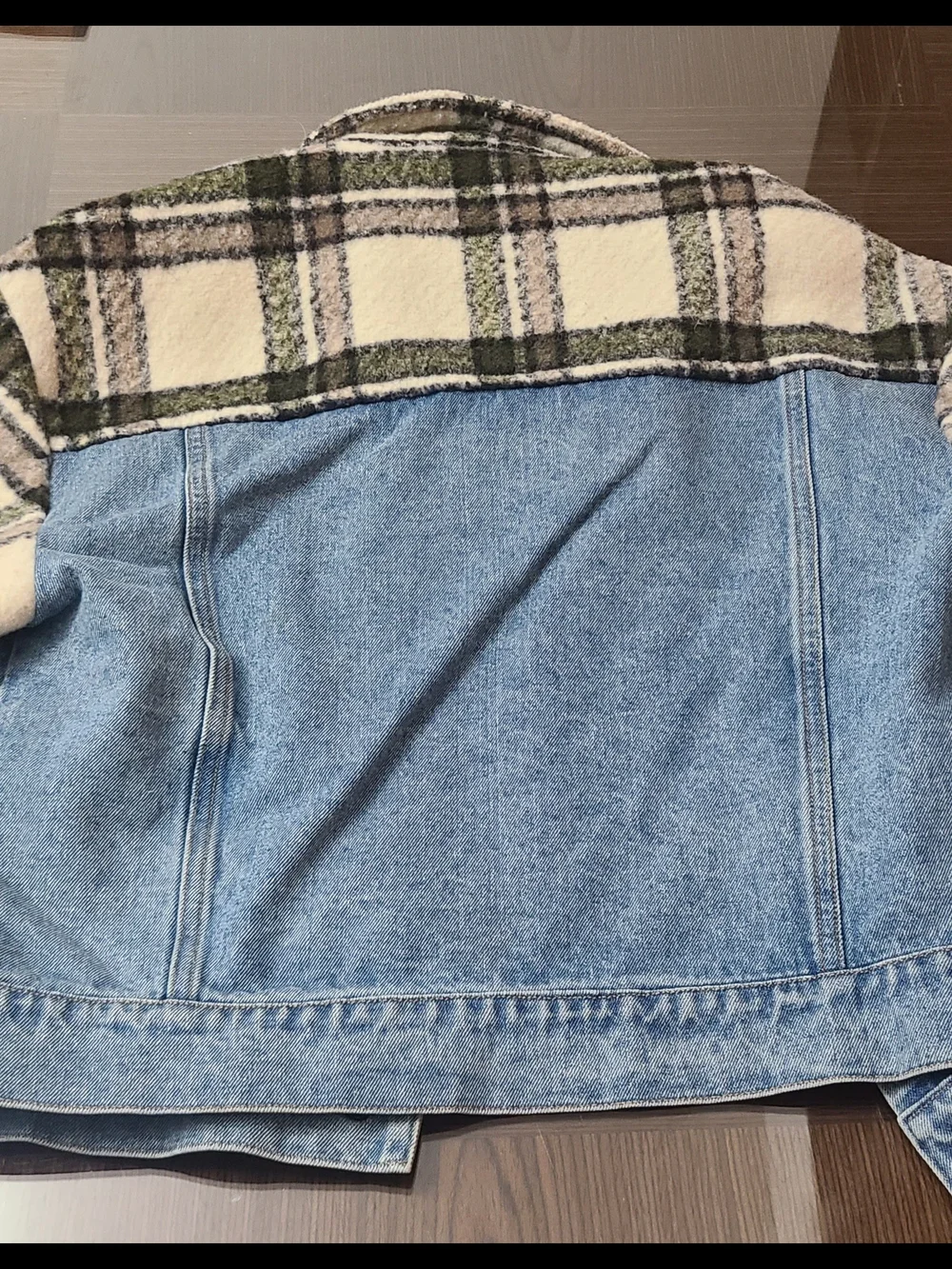 Vintage Havana Cream & Light Blue Plaid Sherpa-Trim Denim Jacket